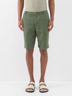 120% Lino - Flat-front Linen Shorts - Mens - Green