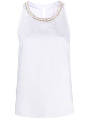 120% Lino sleeveless beaded trim-detail top - White