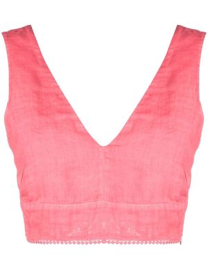 120% Lino V-neck linen cropped-top - Pink