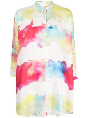 120% Lino watercolour-effect print linen shirt - White