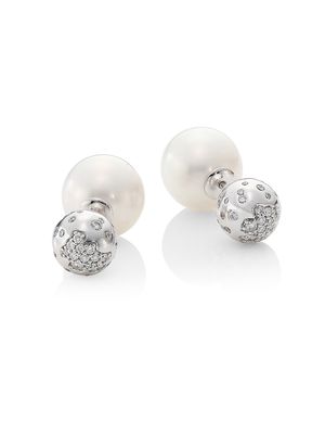 13mm Pearl & Diamond 18K White Gold Front to Back Earrings - Pearl - Pearl
