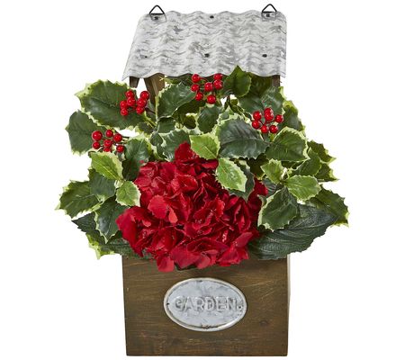 14" Hydrangea & Holly Arrangement in Planter by Nearly Natural