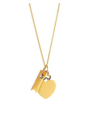 14K & 18K Yellow Gold & Multicolor-Stone Ribbon Tag & Large Hidden Heart 2-Charm Necklace