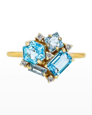14K Blue Topaz & Diamond Cluster Ring
