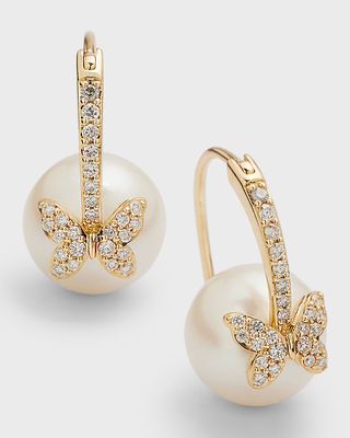 14K Diamond Butterfly Earrings with 10mm Pearls