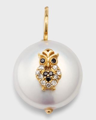 14K Diamond Owl Freshwater Flat Pearl Pendant