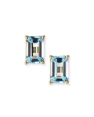 14k Emerald-Cut Blue Topaz Stud Earrings