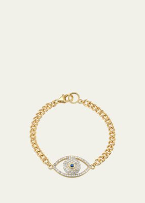14K Evil Eye Bracelet with Sapphire Center and Curb Chain