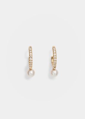 14k Gold and Diamond Small Hoop Earrings with Pearls