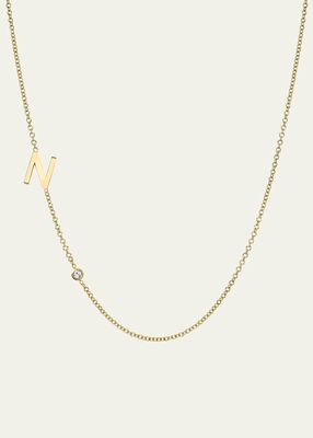 14k Gold Asymmetrical Initial and Bezel Diamond Necklace