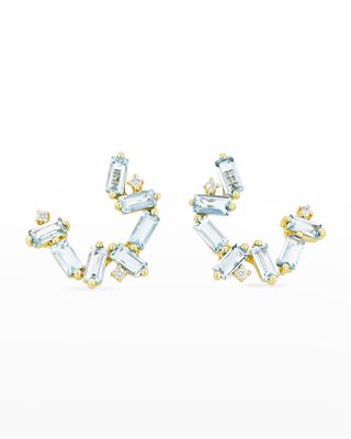 14K Gold Baguette White Diamond Small Spiral Hoop Earrings, Blue Topaz