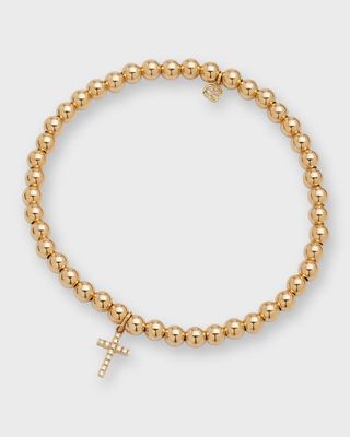 14k Gold Beaded Bracelet with Diamond Cross Charm