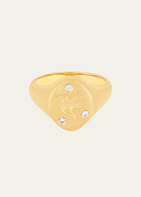 14k Gold Diamond Hummingbird Signet Ring