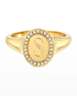 14k Gold Diamond Signet Initial Ring, Size 4