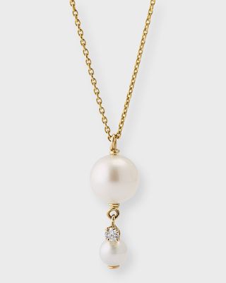 14k Gold Double Pearl Diamond Pendant Necklace