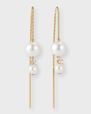 14k Gold Double Pearl Diamond Thread Earrings