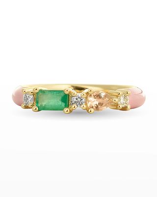 14k Gold Emerald & Morganite Enamel Ring, Size 7