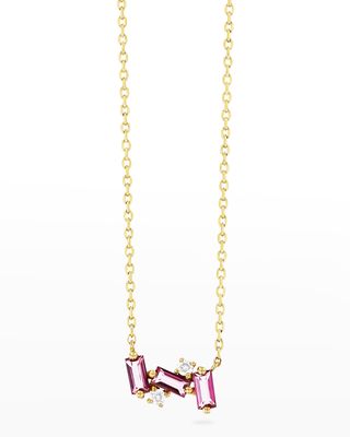14K Gold Mini Bar Necklace, Pink Topaz