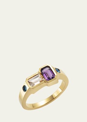 14k Gold Orb Morganite and Amethyst Ring with Sapphire Cabochons