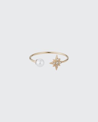 14k Gold Pearl and Diamond Starburst Cuff Ring
