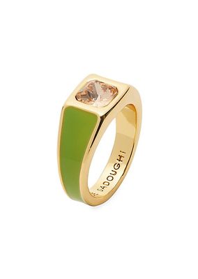 14K-Gold-Plated, Enamel & Crystal Signet Ring