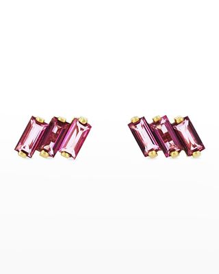 14K Gold Three Baguette Earrings with Baguette-Cut Pink Topaz