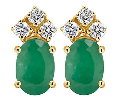 14K Oval Precious Gemstone & 1/10 cttw Diamond Stud Earrings