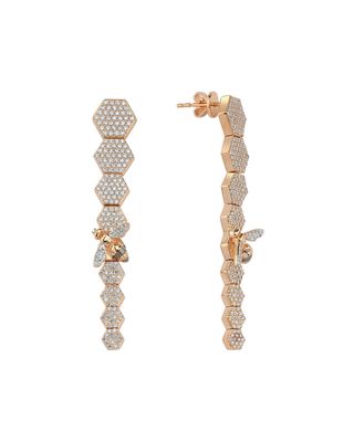 14k Rose Gold Long Bee & Honeycomb Drop Earrings