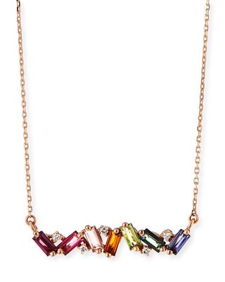 14K Rose Gold Rainbow Zigzag Bar Necklace w/ Diamonds