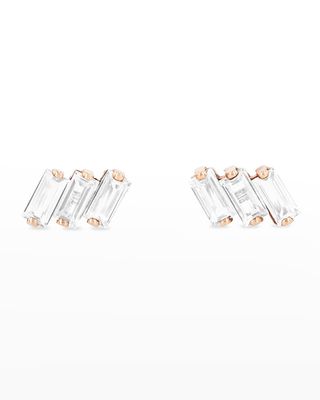 14K Rose Gold Three Baguette Earrings with Baguette-Cut White Topaz