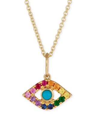 14k Small Rainbow Sapphire Evil Eye Pendant Necklace