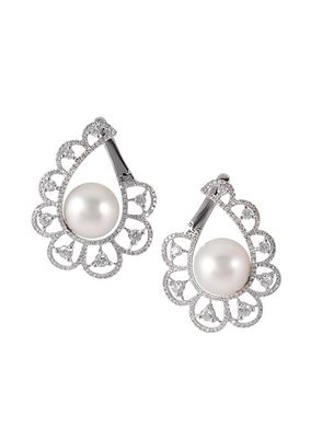 14K White Gold, Australian Pearl & 1.65 TCW Diamond Floral Drop Earrings