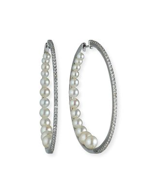 14k White Gold Diamond Pearl-Back Hoop Earrings