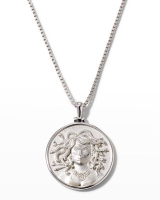 14k White Gold Medusa Coin Pendant Necklace