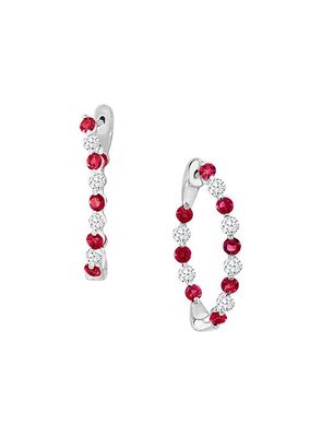 14K White Gold, Ruby & 1.15 TCW Diamond Hoop Earrings