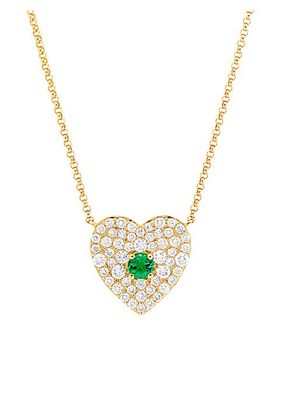 14K Yellow Gold, 0.05 TCW Diamond & Emerald Heart Pendant Necklace