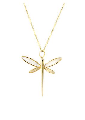 14K Yellow Gold, 0.38 TCW Diamond & Mother-Of-Pearl Dragonfly Pendant Necklace