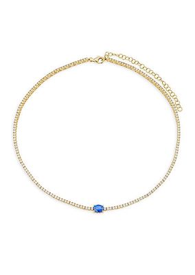 14K Yellow Gold, 3.11 TCW Diamond & Blue Sapphire Tennis Necklace