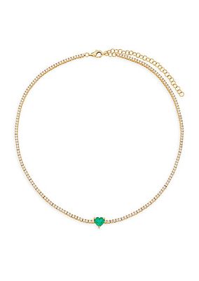 14K Yellow Gold, 3.13 TCW Diamond & Emerald Heart Tennis Necklace
