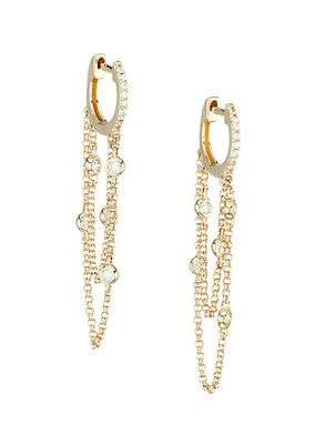 14K Yellow Gold & Diamond Chain Drop Huggie Hoop Earrings