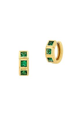 14K Yellow Gold & Emerald Framed Huggie Hoop Earrings