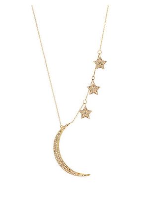 14K Yellow Gold & Natural Champagne Diamond Moon & Stars Necklace