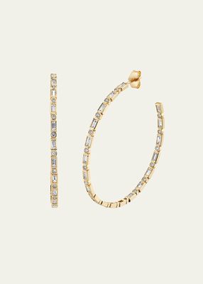 14K Yellow Gold Baguette and Round Bezel Large Hoop Earrings