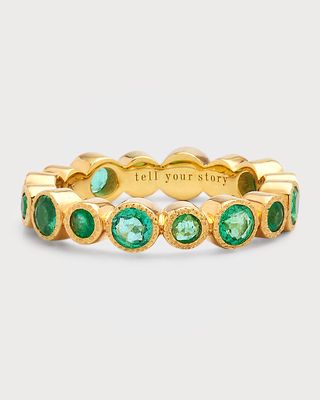 14k Yellow Gold Bezel Ombre Emerald Band Ring, Size 7