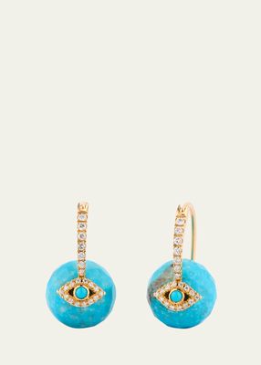 14K Yellow Gold Diamond and 10mm Turquoise Evil Eye Earrings