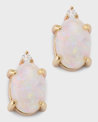 14k Yellow Gold Diamond and Opal Cabochon Stud Earrings