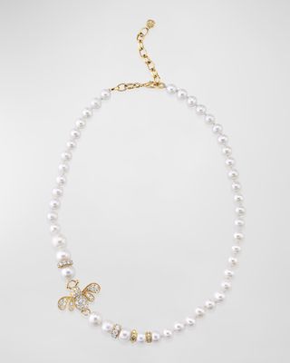 14K Yellow Gold Diamond Bee and Pearl Necklace