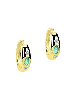 14K Yellow Gold, Emerald & Diamond Hoop Earrings