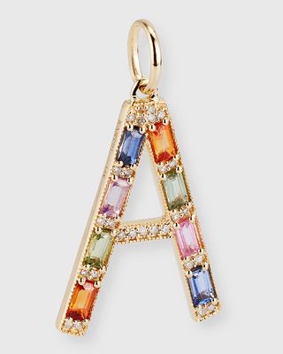 14K Yellow Gold Initial A Multi-Color Sapphire and Diamond Pendant