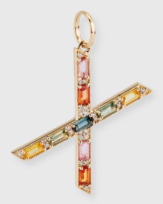 14K Yellow Gold Initial X Multi-Color Sapphire and Diamond Pendant